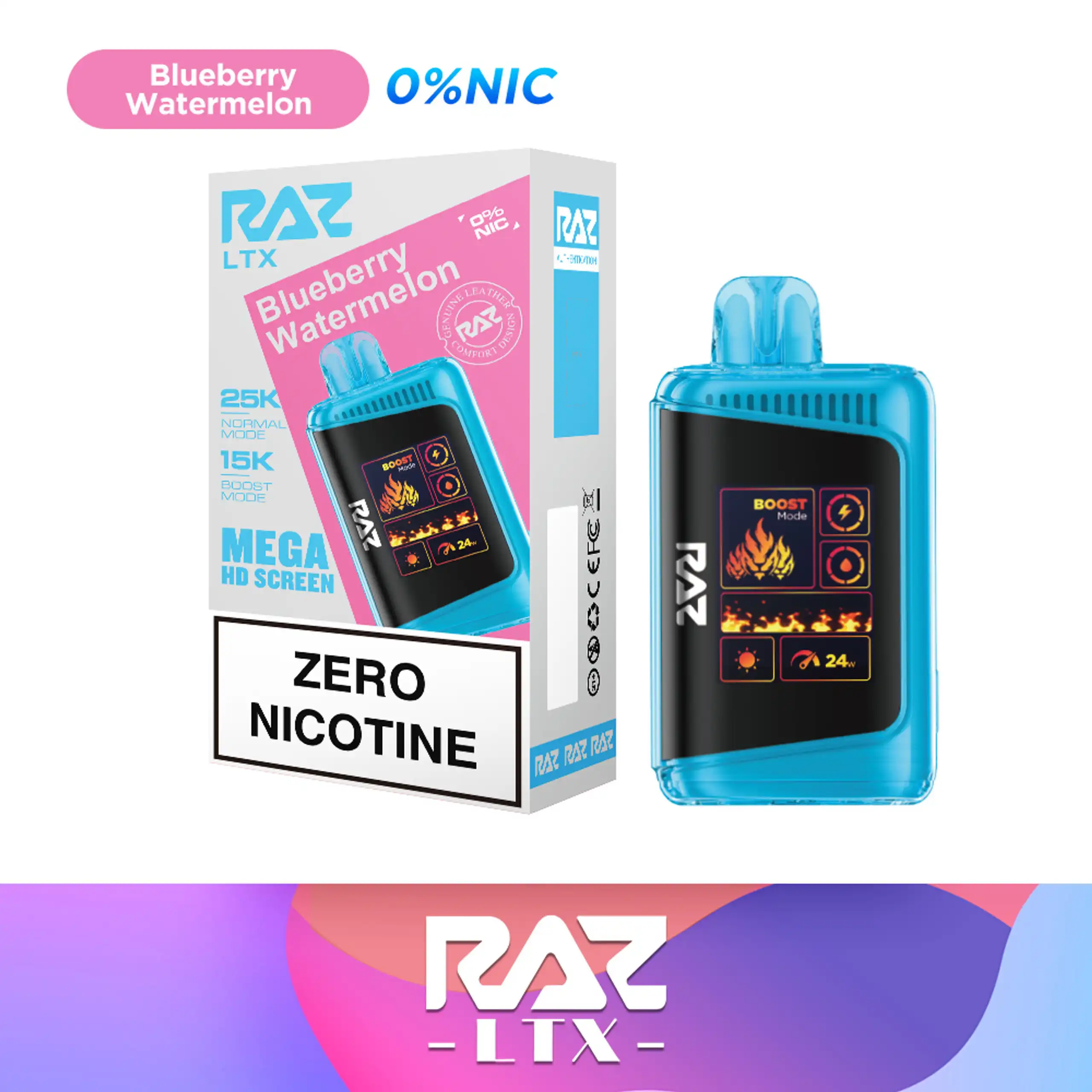 Blueberry Watermelon Flavor RAZ Zero nicotine vape LTX 25000 (DC25000) - 0% Nicotine Free Disposable Vape - 2,5000 Puffs Raz Vape Flavors - JNR-Vape