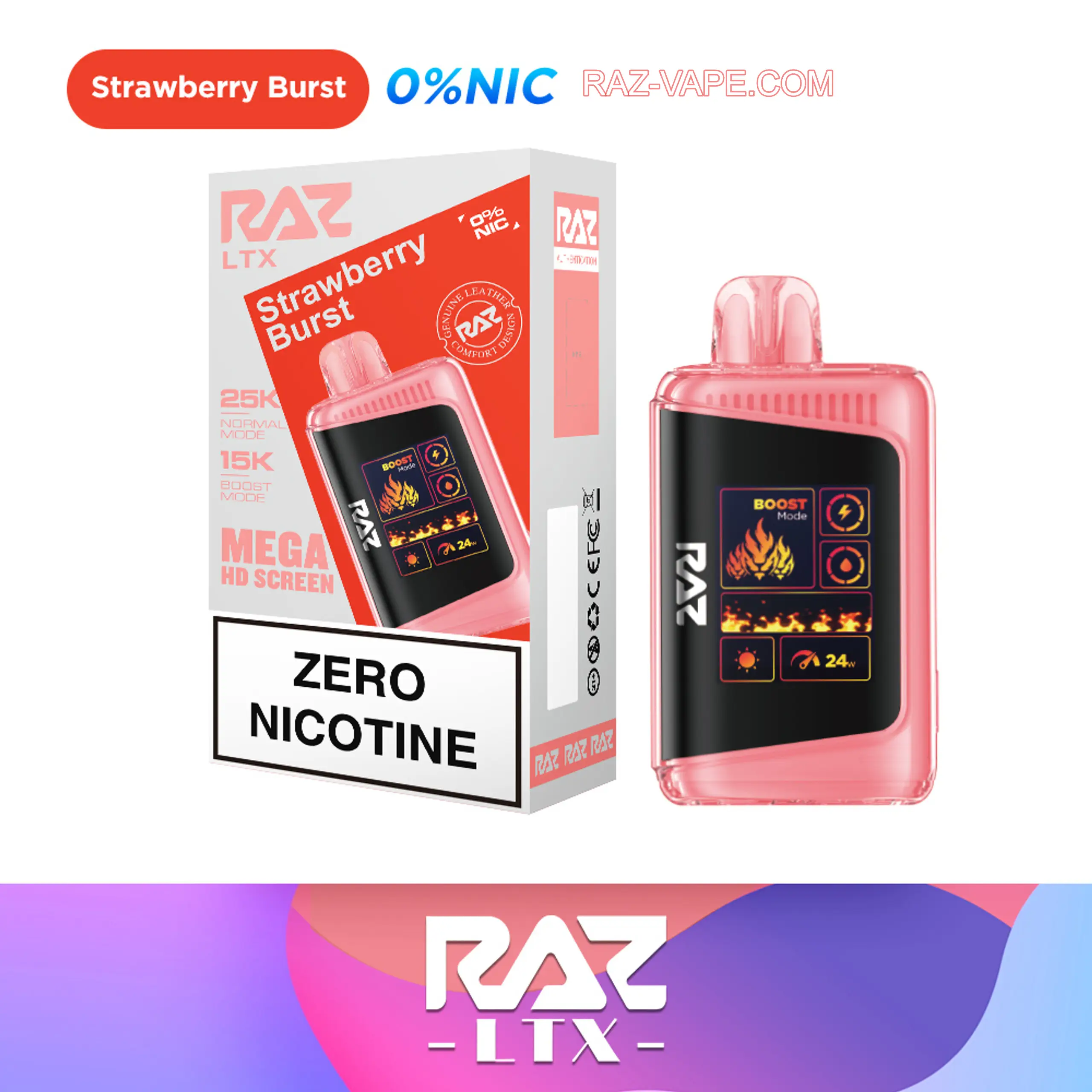 Strawberry Burst Flavor RAZ Zero nicotine vape LTX 25000 (DC25000) - 0% Nicotine Free Disposable Vape - 2,5000 Puffs Raz Vape Flavors - JNR-Vape