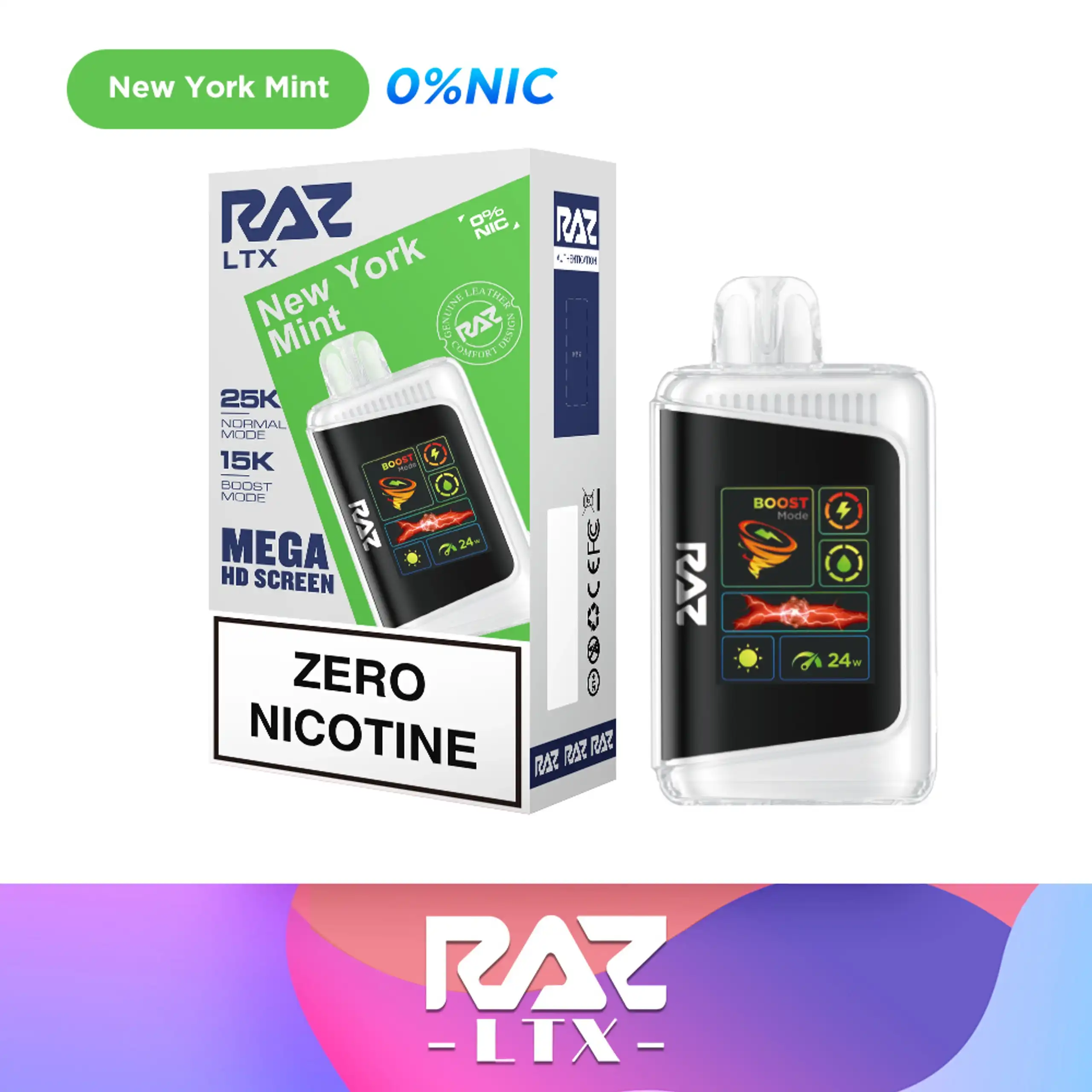 New York Mint Flavor RAZ Zero nicotine vape LTX 25000 (DC25000) - 0% Nicotine Free Disposable Vape - 2,5000 Puffs Raz Vape Flavors - JNR-Vape